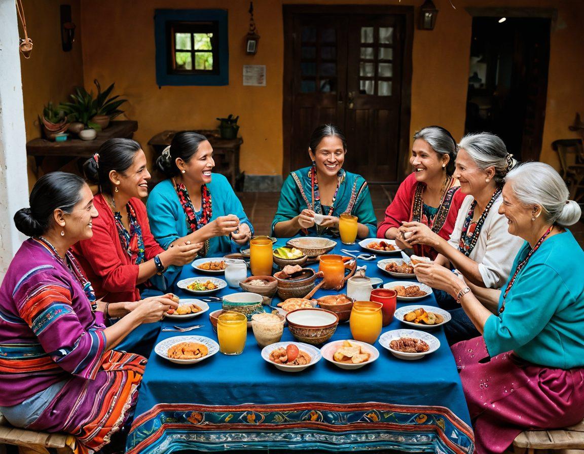A cozy gathering of diverse expatriates sharing stories over a traditional Guatemalan meal, adorned with colorful textiles and pottery, set in a warm, inviting environment. In the background, hints of Guatemala's stunning landscapes and vibrant culture can be seen, symbolizing heritage and community. The scene captures laughter, connection, and love amidst cultural exchange. super-realistic. vibrant colors. 3D.