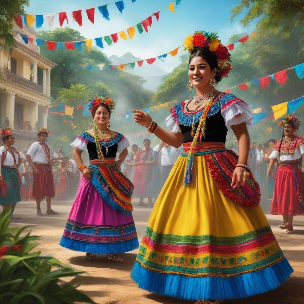 A vibrant depiction of festivities showcasing Guatemalan culture, highlighting traditional dancers in colorful costumes, intricate handicrafts, and representatives from diverse cultures engaging in dialogue. The background features the Guatemalan embassy with flags and lush greenery, symbolizing collaboration and unity. The scene is filled with warm, inviting colors to evoke a sense of harmony. super-realistic. vibrant colors.