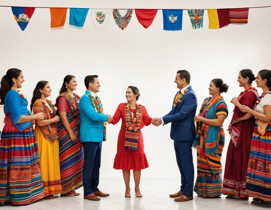 A vibrant scene depicting a diverse group of people joyfully connecting at a Guatemalan consulate, with a beautifully adorned Guatemalan backdrop featuring traditional textiles and flags. Include elements symbolizing love and cultural exchange, like hearts and handshakes, with a warm, welcoming atmosphere. Bright colors should evoke a sense of unity and celebration. super-realistic. vibrant colors. white background.
